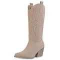 Produktbild: VAN HILL Damen Cowboystiefel Stiefel Spitze Cut-Outs Schuhe Holzoptikabsatz Western Boots Stickereien Freizeitstiefel 211569 Beige 37