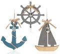 Produktbild: com-four® 3x Hängedeko mit Boot, Steuerrad und Anker aus Holz - Schifffahrt Deko zum Aufhängen - Maritime Hängedeko für zu Hause