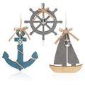 Produktbild: com-four® 3X Hängedeko mit Boot, Steuerrad und Anker aus Holz - Schifffahrt Deko zum Aufhängen - Maritime Hängedeko für zu Hause
