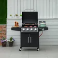 Produktbild: Outsunny Gasgrill BBQ mit 3 Brennern je 3 kw mobiler 4 Rädern Grillnetz Schwarz
