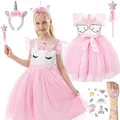 Produktbild: corimori Bequemes Einhorn Kleid für Mädchen mit Flügeln, Haarreif, Glitzer Zauberstab und Tattoos | Einhorn Kostüm Kinder Einhorn Lily, Rosa 140/146