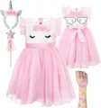 Produktbild: Corimori Prinzessin-Kostüm Bequemes Einhorn Kleid für Kinder, Karneval Set, mit Flügeln, Haarreif, Glitzer Zauberstab und Tattoos, Größe 140/146