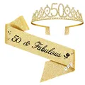 Produktbild: 50. Geburtstags Tiara, 50 & Fabulous Geburtstags-Krone Schärpe Set, 50 geburtstag deko, geschenke zum 50 geburtstag frau (Gold)