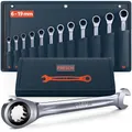 Produktbild: PRESCH Ratschenschlüssel Set 12tlg. (6-19mm) inkl. Tasche - Minimaler Rückholwinkel (Bis zu 4°, 90 Zähne) - Robuste, präzisionsgefertigte Ringratschenschlüssel