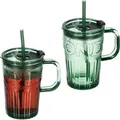 Produktbild: Trinkgläser 2er Set, Getränkebecher mit Deckel & Strohhalm, Smoothiebecher 450 ml, Glasbecher Henkel, grün - Relaxdays