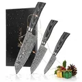 Produktbild: Wakoli EDIB Pro Black 3-teiliges Küchenmesser Set aus echtem Damaststahl (VG10 Kern) in Geschenkbox aus Holz – 3x Kiritsuke Messer - scharf & ergonomisch – Damastmesser Set mit Pakkaholzgriffen