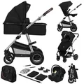 Produktbild: Lionelo Amber - Kombikinderwagen 3 in 1 - Set sportlicher, Sitz, fester Babywanne, Autositz, Tasche, Moskitonetz, Regenschutz - Black Silver - Schwarz