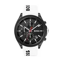 Produktbild: BOSS Herren Chronograph Quarz Uhr 44 mm Velocity Kollektion, mit Schwarzem Texturiertem Zifferblatt, Weißem Silikonarmband, Datumsfunktion, 3 Sub-Dials, Wasserresistenz 5ATM - 1513718