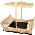 Produktbild: Needs&wants - Sandkasten Mit Abdeckung Dach Deckel Sitzbank Und Boden, Sandkiste Holz Quadratisch Verschließbar Uv-sonnenschutz Mit Bank Outdoor Garten Für Kinder, 120x120 Cm, Tanne Gelb Weiß Braun