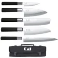 Produktbild: KAI Wasabi Black Messertasche bestückt - Allzweckmesser 10 cm, Deba 15 cm, Nakiri 16,5 cm, Santoku 16,5 cm, Yanagiba 21 cm - rostfreier 6A/1K6 Edelstahl poliert 58 (±1) HRC - schwarzer Griff