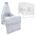 Produktbild: Baby-Delux Babybett Gitterbett Mia weiß 60x120 inkl. Matratze Bettwäsche Set 10tlg Royal Rüsche Grau
