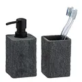 Produktbild: WENKO Bad Accessoire Set Villata, 2-teilig, nachfüllbarer Seifenspender, 7 x 15 x 7 cm, Füllmenge 300 ml, edler Zahnputzbecher, 7,5 x 11 x 7,5 cm, Naturstein-Optik aus hochwertigem Polyresin in Grau