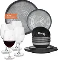 Produktbild: Melamin Camping Geschirr Set 4 Personen Stone Grey + 4 Tiamo Rotwein Gläser Rot Weingläser Tafelgeschirr Picknick BBQ Kochgeschirr