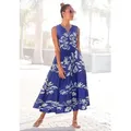 Produktbild: Druckkleid LASCANA, Damen, Gr. 36, N-Gr, beige (creme, royalblau), Web, Obermaterial: 100% Viskose, bedruckt, figurumspielend knöchellang, V-Ausschnitt, Kleider Druckkleid, mit Volants