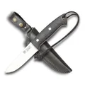 Produktbild: Joker CM144 Jagdmesser Ranger – 11 cm Klinge, Canvas-Micarta-Griff, braune Lederscheide – Outdoor-, Angel-, Jagd- und Campingmesser