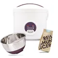 Produktbild: REISHUNGER Basis Reiskocher Starter Set, Großer Basis Reiskocher weiß Keramik, Reiswaschschüssel Edelstahl (Aubergine), Finde deinen Lieblingsreis Set (8 Sorten)