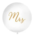 Produktbild: PartyDeco Runde Ballon Weiß mit Goldenen Aufschrift Mrs - Latex-Ballon Brautpaar Junges Paar in der Luft- 1m Durchmesser Ballon Träger Hochzeit Dekoration Hochzeit Empfang