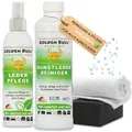 Produktbild: Golden Bull® Kunstleder Reiniger & Kunstleder Pflege Set intensiv [VEGAN - OHNE Chemie] Kunstlederreiniger 500ml, Kunstlederpflegespray 250ml, Schwamm, Tuch – Kunstlederpflege für Auto, Sofa & Couch