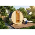 Produktbild: FinnTherm Fass-Sauna Mini XXS, 194 x 130 x 194 cm Gartensauna, Outdoor Sauna mit 42 mm Wandstärke, inkl. Montagematerial, Glastür aus Sicherheits... - Naturbelassen