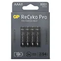 Produktbild: GP ReCyko Pro Akku AAA 800mAh NiMH | 4 Stück Batterien AAA wiederaufladbar 1,2V, vorgeladen Ready2use | entwickelt für optimale Leistung bei stromintensiven Geräten, plastikfreie Verpackung