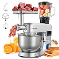 Produktbild: VEVOR multifunktionale Küchenmaschine elektrisch 1500 W mit Edelstahlschüssel (5,7 L) & Mixbecher (1,5 L), Knetmaschine Teigmixer mit 6+P Geschwindigkeiten & Knethaken & Schneebesen & Rührbesen