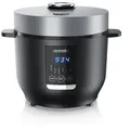 Produktbild: Arendo Reiskocher Digital, 350 Watt, 2L, 5 Kochprogramme, Timer, Warmhaltefunktion, BPA-frei, inkl. Messbecher & Reislöffel, Schwarz/Silber