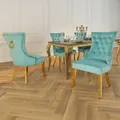 Produktbild: riess-ambiente Chesterfield Stuhl CASTLE blau Samt goldene Edelstahlbeine mit Komfortgriff