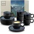 Produktbild: SÄNGER Manila | Espressotassen Set Steingut 12 tlg, Mokka Tassen Set 6 Personen, Tassen & Untertassen - spülmaschinenfest mikrowellenfest - Tassenset blau mit schwarzem Rand 80 ml | VALUE COLLECTION