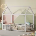 Produktbild: Flieks Kinderbett Bodenbett 90x200cm mit Tür, Hausbett Kinderbett mit Lattenrost, Holzbett Einzelbett Kinderzimmer, Weiß - Weiß