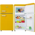 Produktbild: Merax Table Top Kühlschrank Retro Kühl-/Gefrierkombination BCD-100C, Metall Türgriff, verstellebare Ablage und Füße, Doppeltür und LED-Beleuc... - Gelb