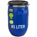 Produktbild: plasteo® 85 Liter Weithalsfass mit Deckel + Spannring Lebensmittelecht Futtertonne Kunststofffass Universalfass Deckelfass Maischefass Sauerkrautfass - Blau