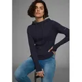 Produktbild: Strickpullover KANGAROOS, Damen, Gr. 36/38, blau (marine, hellgrau, meliert), Rippstrick, Obermaterial: 55% Baumwolle, 45% Polyacryl, bedruckt, kontrastfarbene Details, meliert, unifarben mit Farbeinsatz, figurbetont hüftbedeckend, Rippbündchen mit Daumenlöchern, Pullover Strickpullover, mit kontrastfarbener Kapuzeninnenseite und Logodruck auf dem Arm