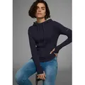 Produktbild: KangaROOS Strickpullover mit kontrastfarbener Kapuzeninnenseite und Logodruck auf dem Arm blau|grau 36/38
