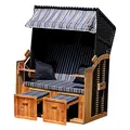 Produktbild: Cepewa Strandkorb XXL Set | Deluxe Vollieger | 2 Sitzer Korb | 120cm breit | blau braun weiß gestreift | inkl. 4 Kissen | ausziehbare Fußstützen und Klapptischen