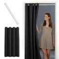 Produktbild: tinycurtains, Thermo Türvorhang mit Teleskopstange, einfache Montage in nur 1 Minute ohne Bohren (Türgardine schwarz H195 x B150 cm + Stange weiß B55-90 cm)