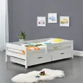 Produktbild: Kinderbett mit Rausfallschutz und Schubladen 90x200 cm Jugendbett mit Schutzgitter bis 100 kg mit Lattenrost Kiefernholz Holz Weiß [en.casa] - Weiß