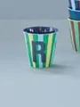 Produktbild: Rice Melamin Becher medium gestreift mit Buchstaben, Modell für Jungen blau/grün/mint- Töne, Größe 9 x 9 cm (R Junge)