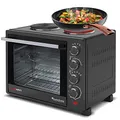 Produktbild: Turbotronic/Minibackofen mit Umluft und Kochplatten / 35l / schwarz / 3200W, Mini Backofen mit Timer, Pizzaofen, Drehspieß, Backblech, Innenbeleuchtung