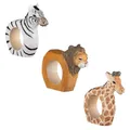 Produktbild: your castle Serviettenringe|Handgeschnitzt|Tierdesign - Löwe, Zebra, Giraffe|3er-Set|aus Holz|Handbemalt|Vielseitig einsetzbar|mit Standfestem Boden|9x7x2 cm