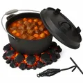 Produktbild: QLS Gusseisen Feuertopf 6 Liter – Dutch Oven mit Deckelheber BBQ für Garten