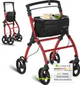 Produktbild: Juskys Indoor Rollator Aktiv - Tasche & Tablett - schmal & faltbar - Bordeaux Rot