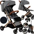 Produktbild: MoMi ESTELLE – Ultraleichter Baby Kompaktbuggy 7,7 kg mit Einhand-Faltung, Trolley-Funktion & Liegeposition, ideal für Reisen – Grau/Gold