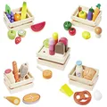 Produktbild: howa Kaufladen Zubehör aus Holz - 35-teiliges Kaufmannsladen Zubehör Set mit Obst, Gemüse, Backwaren, Milchprodukten, Fisch, Fleisch und EIS - in 5 Holzkistchen 14876