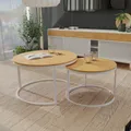 Produktbild: Runder Couchtisch 2in1 Lavo mit Metalgestell Artisan Sofatisch Set 2er Kaffetisch Beistelltisch Modernes Design Set 2er Farbe: Weiß / Artisan Sofatisch