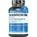 Produktbild: Vitastrong Magnesium 5-in-1 Komplex – 400mg – 150 Tabletten – Glycinat, Citrat, Carbonat & Malat – Energie, Muskel- & Knochengesundheit –...