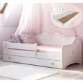 Produktbild: Mädchenbett Kinderbett Jugendbett 80x180 mit Matratze Rausfallschutz & Schublade | Prinzessin Kinder Sofa Couch Bett umbaubar weiß rosa - Weiß