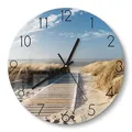 Produktbild: DEQORI Glasuhr | rund Ø 30 cm | Motiv Strandaufgang am Meer | ausgefallene leise Design Uhr aus Glas | Wanduhr für Wohnzimmer & Küche | moderne Hingucker Uhr für die Wand