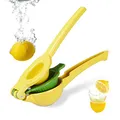Produktbild: Relaxdays 4X Zitruspresse manuell, stabile Fruchtpresse 2in1 für Zitronen und Limetten, Bar, HxBxT: 5,5 x 7,5 x 22 cm, gelb