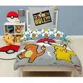 Produktbild: Pokemon Bettwäsche für Kinder 135x200 80x80 cm · Biber-Bettwäsche aus 100% Baumwolle mit Reißverschluss · Graues Motiv mit Pikachu, Glumanda,... - Grau/Bunt