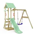 Produktbild: WICKEY Spielturm Klettergerüst TinyWave mit Schaukel & Rutsche, Outdoor Kinder Kletterturm mit Sandkasten, Leiter & Spiel-Zubehör für den Garten (pastellgrün)